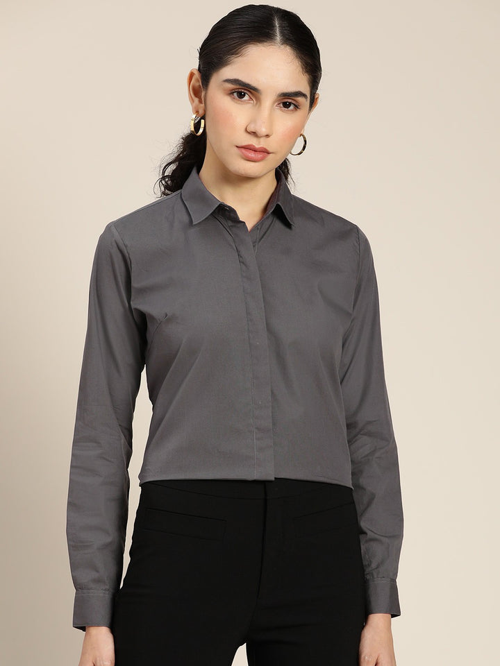 Women Grey Solid Pure Cotton Plus Size Formal Shirt