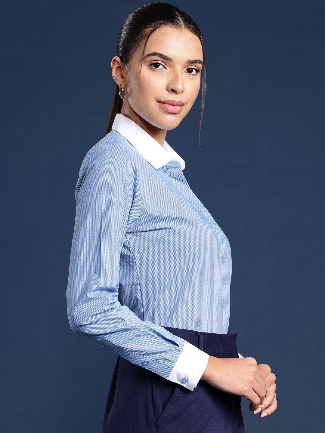 Women Blue Micro Checks Pure Cotton Formal Shirt