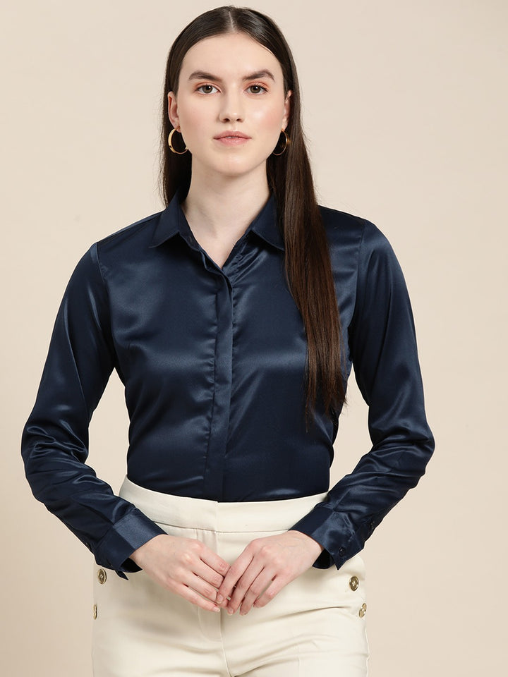 Women Navy Blue Solid Satin Formal Shirt