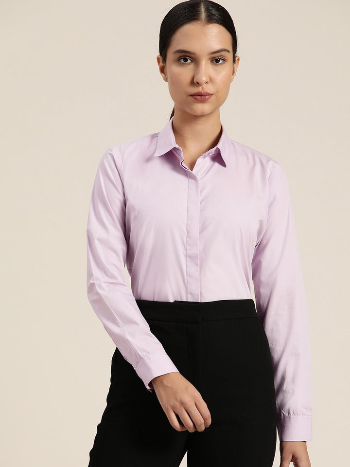 Women Lavender Solid Pure Cotton Plus Size Formal Shirt