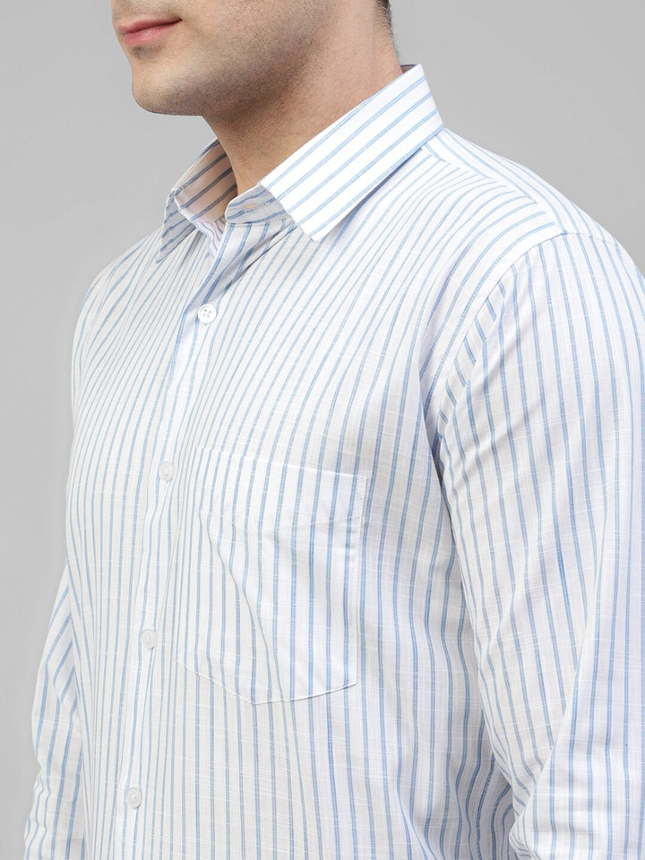 Men White & Blue Striped Linen Slim Fit Formal Shirt