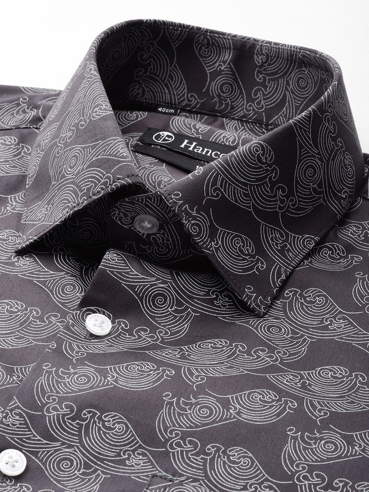 Men Dark Grey Printed Cotton Satin Slim Fit Formal Shirt