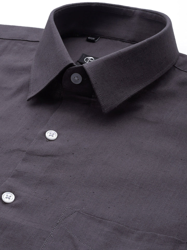 Men Dark Grey Solid Pure Linen Slim Fit Formal Shirt