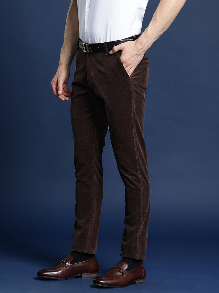 Men Coffee Solid Corduroy Cotton Elastane Stretchable Slim Fit Formal Trouser