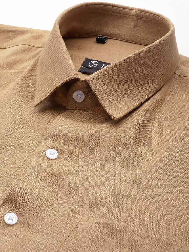 Men Khaki Solid Pure Linen Slim Fit Formal Shirt