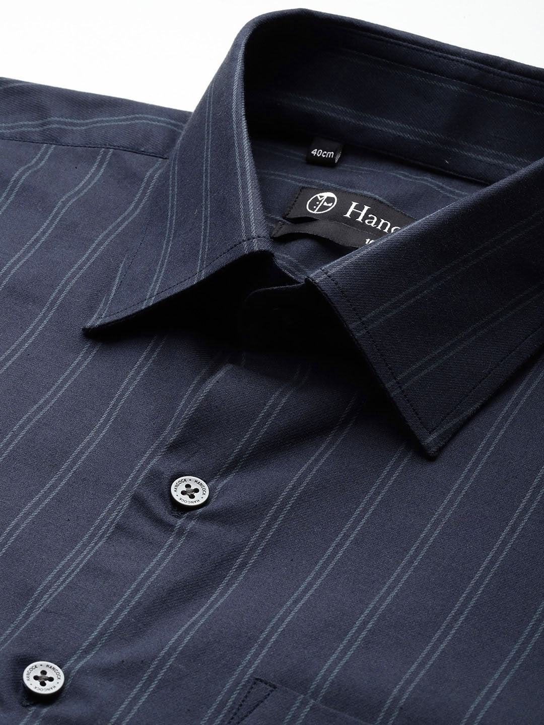 Men Navy Blue Striped Pure Cotton Slim Fit Formal Shirt