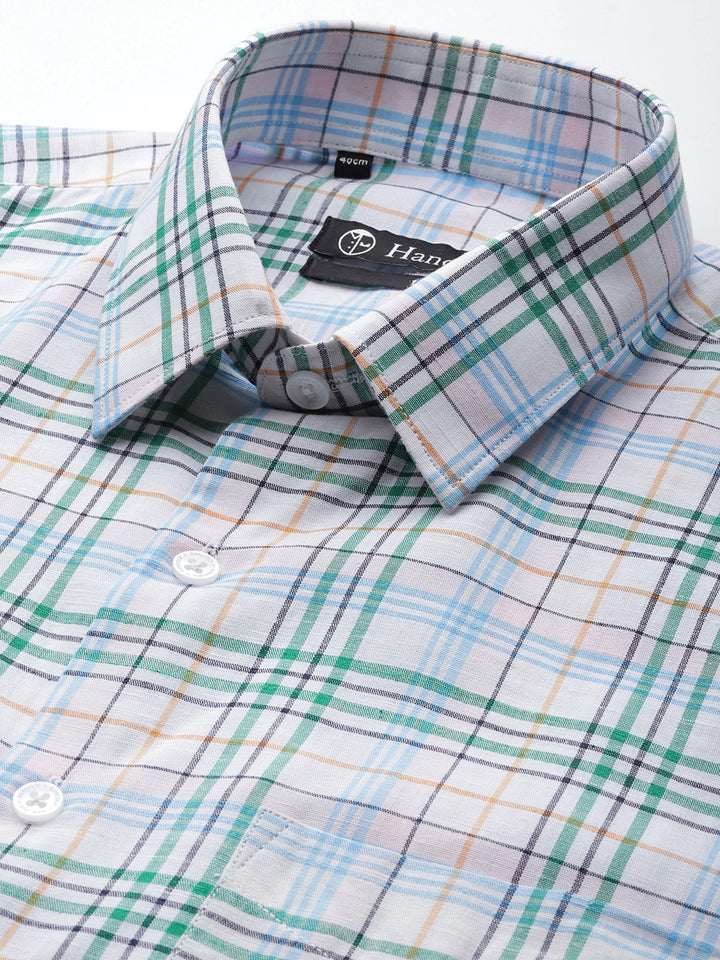 Men White & Green Checked Pure Cotton Slim Fit Formal Shirt