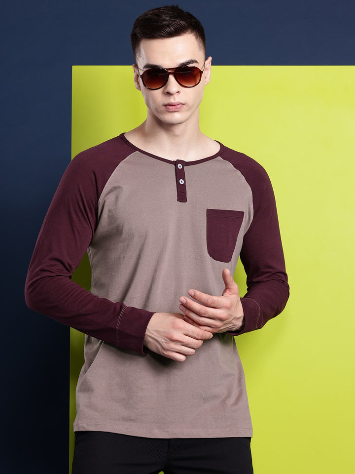 Men Dusty Mauve & Burgundy Solid Pure Cotton Slim Fit Henley T-Shirt