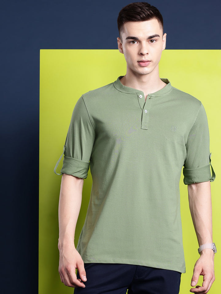 Men Olive Solid Pure Cotton Relaxed Fit Henley T-Shirt