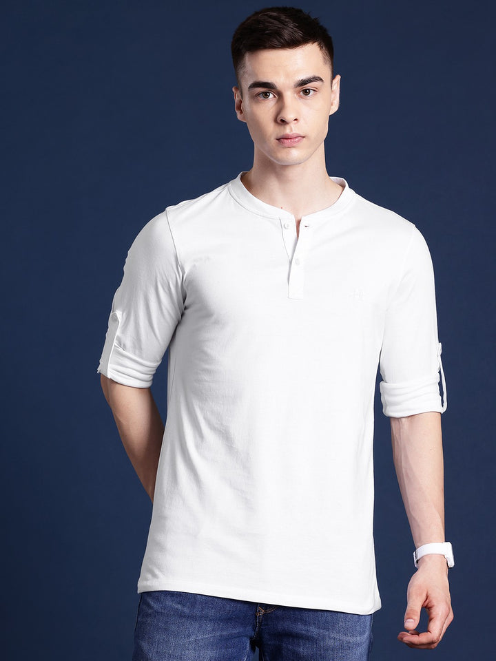 Men White Solid Pure Cotton Relaxed Fit Henley T-Shirt