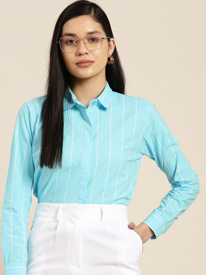 Women Blue Stripes Pure Cotton Formal Shirt