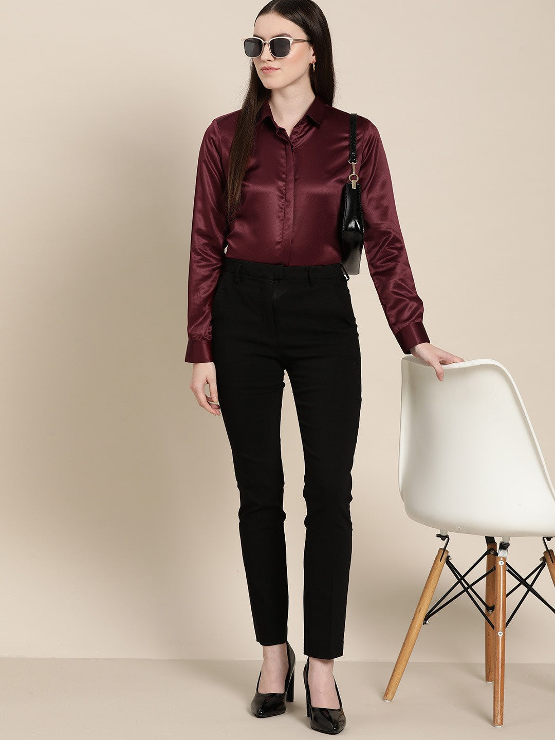 Women Maroon Solid Satin Formal Shirt