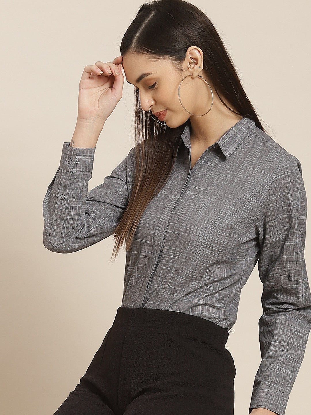 Women Grey Solid Chamray Pure Cotton Slim Fit Formal Shirt