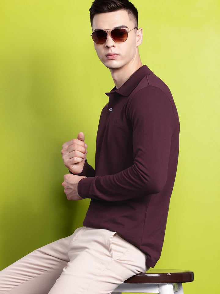 Men Burgundy Solid Pure Cotton Relaxed T-Shirt