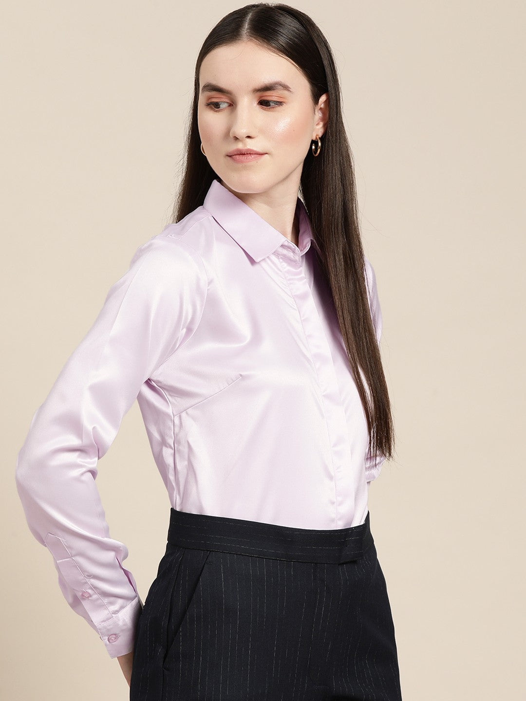 Women Lavender Solid Satin Formal Shirt