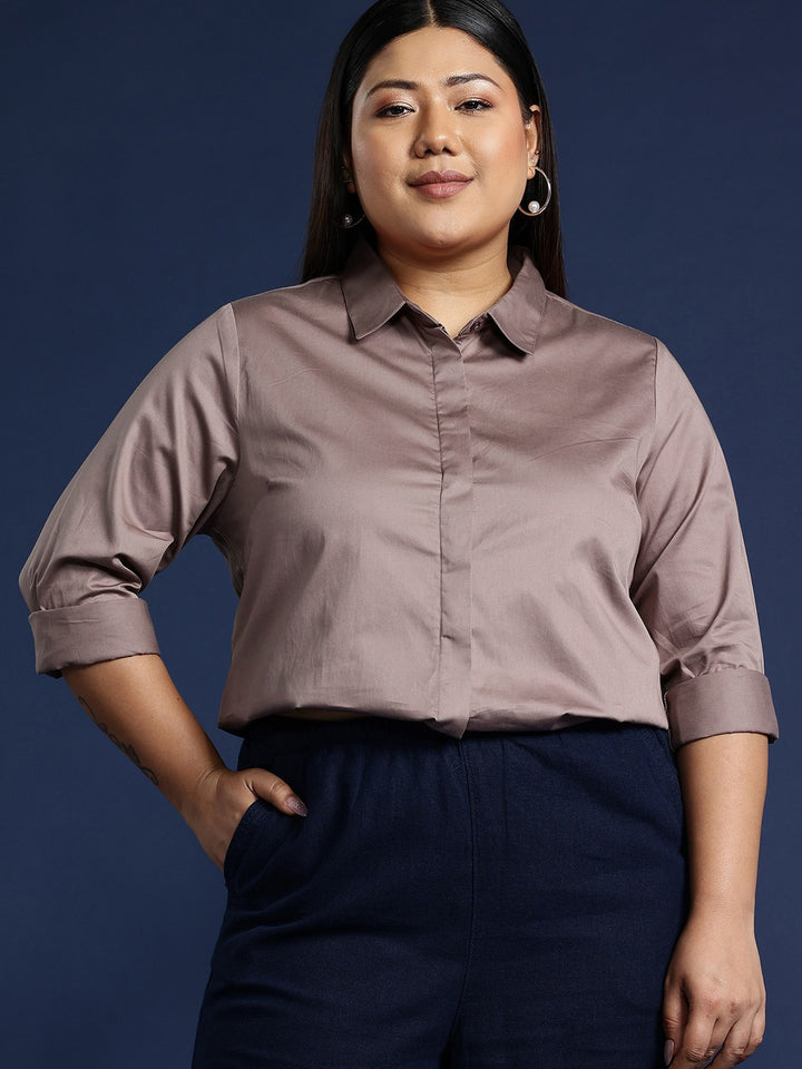 Women Dusty Mauve Solid Pure Cotton Satin Plus Size Formal Shirt