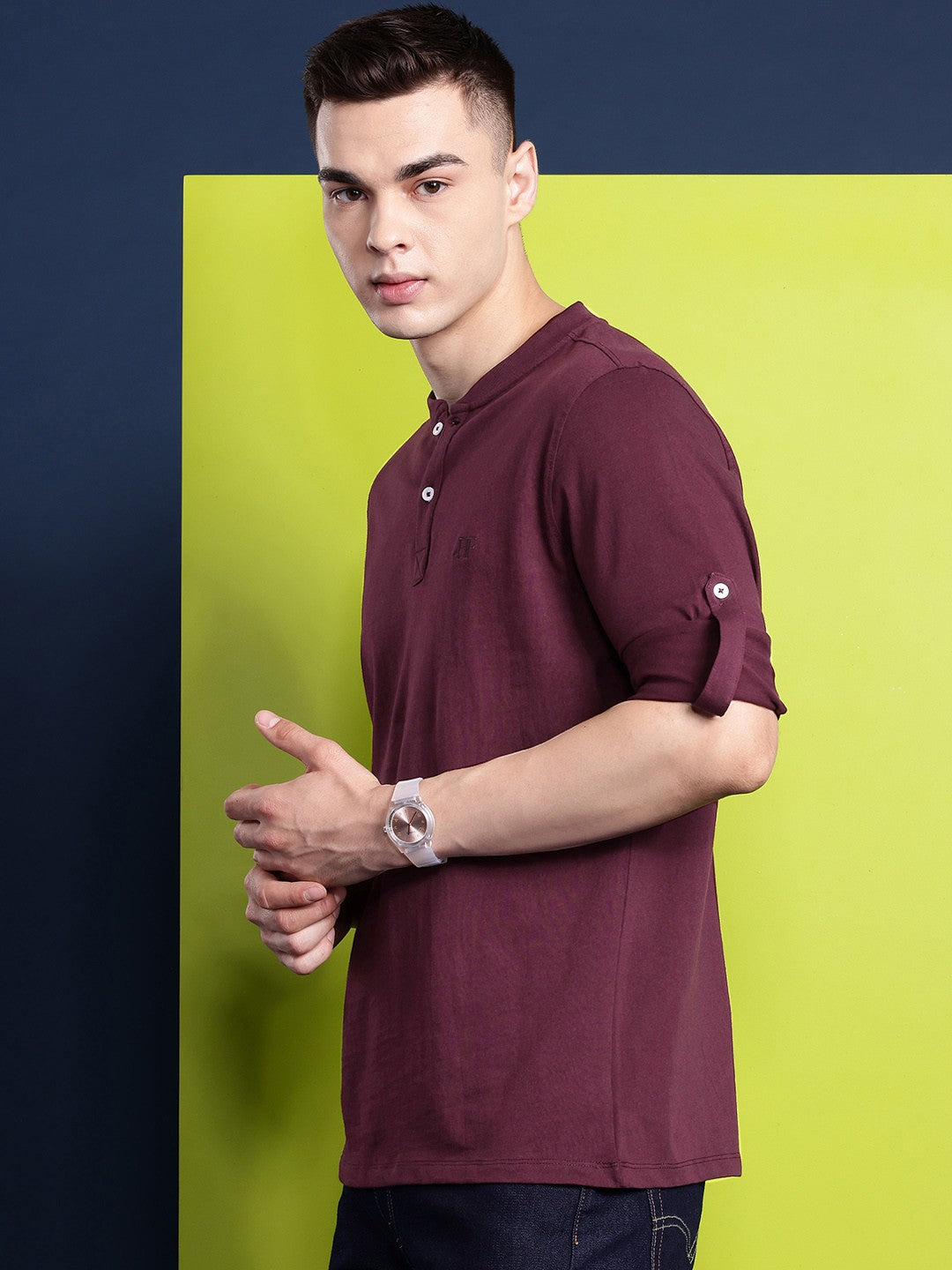 Men Burgundy Solid Pure Cotton Relaxed Fit Henley T-Shirt