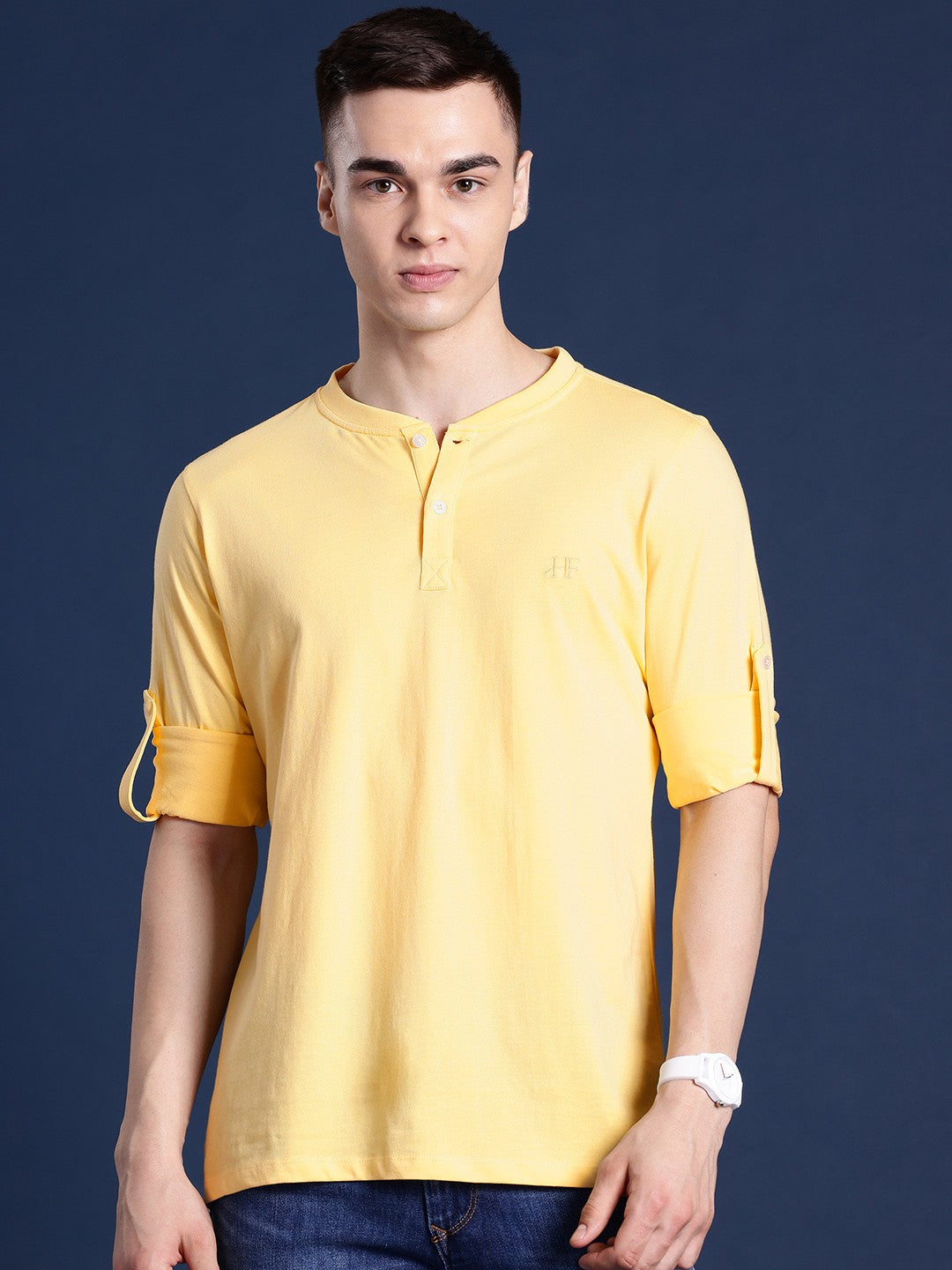 Men Yellow Solid Pure Cotton Relaxed Fit Henley T-Shirt