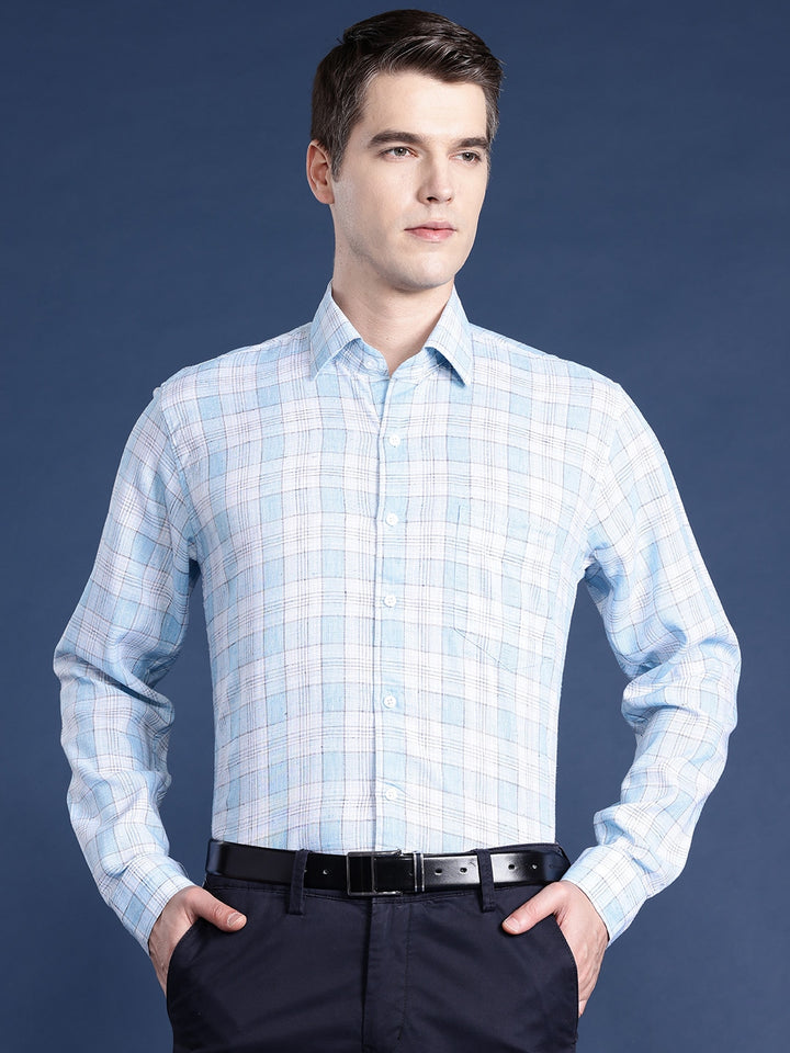 Men Blue Checked Pure Linen Cotton Slim Fit Formal Shirt