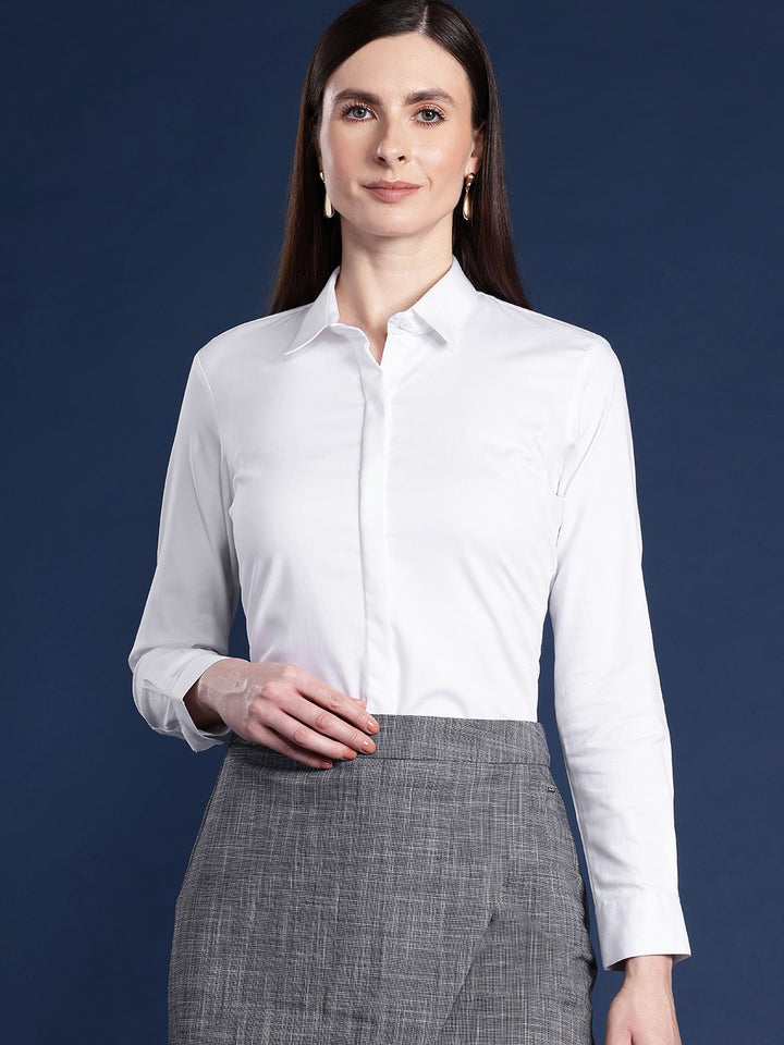 Women White Solid Cotton Satin Stretchable Wrinkle Free Formal Shirt