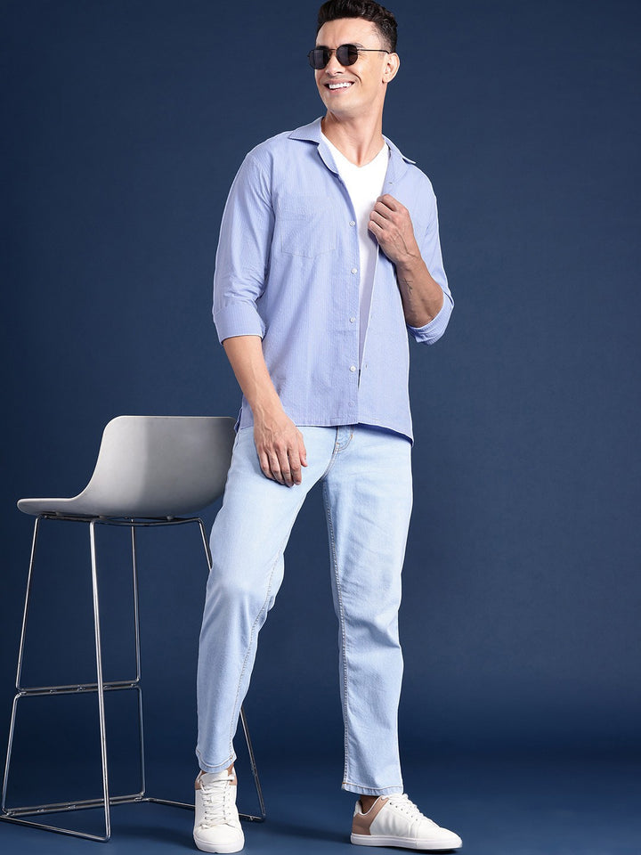 Men Blue Solid Pure Cotton Relaxed Fit Casual Shirt