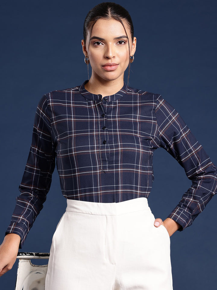 Women Navy Blue Checks Pure Cotton Regular Fit Formal