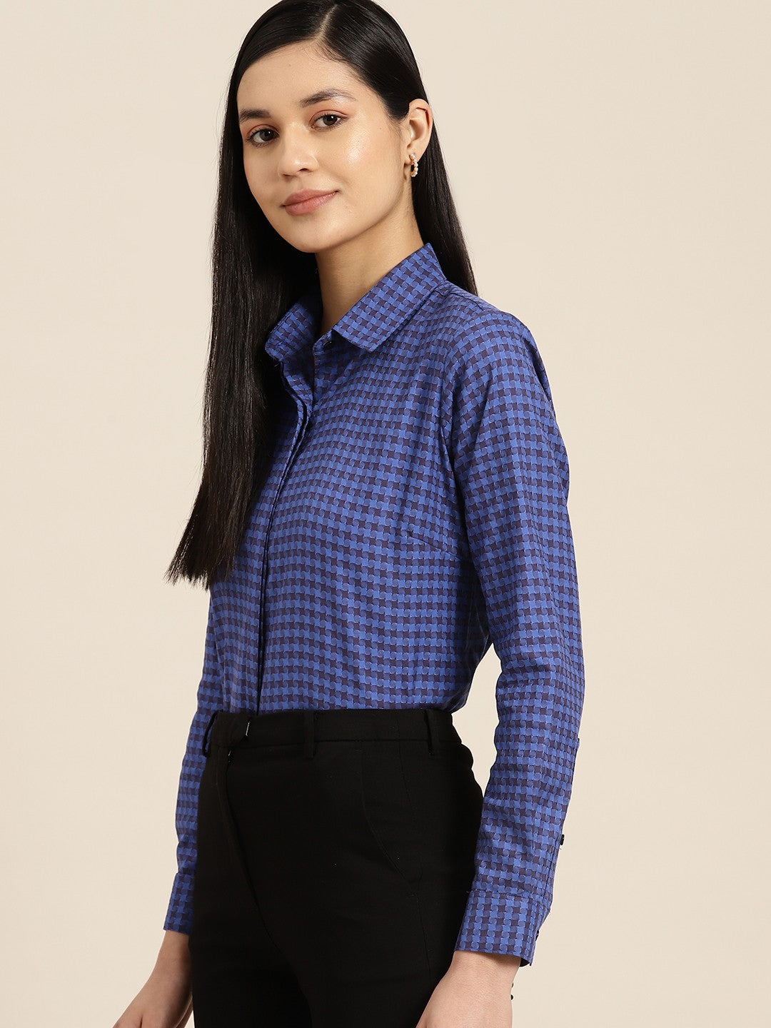 Women Blue Checks Pure Cotton Formal Shirt