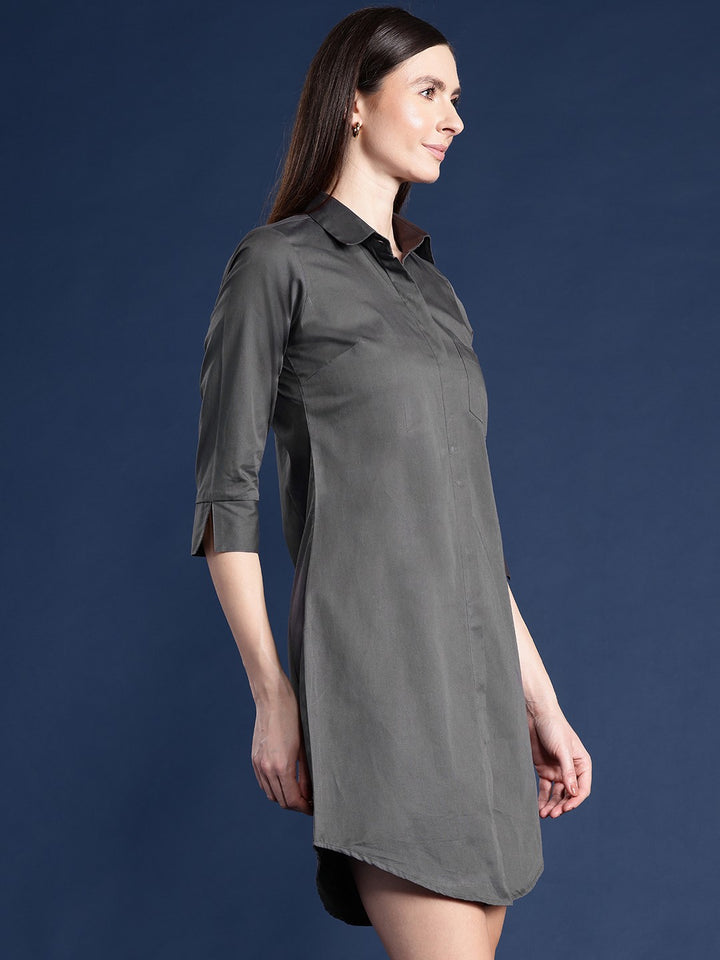 Women Grey Solid Pure Cotton Regular Fit Formal Shirt Dress