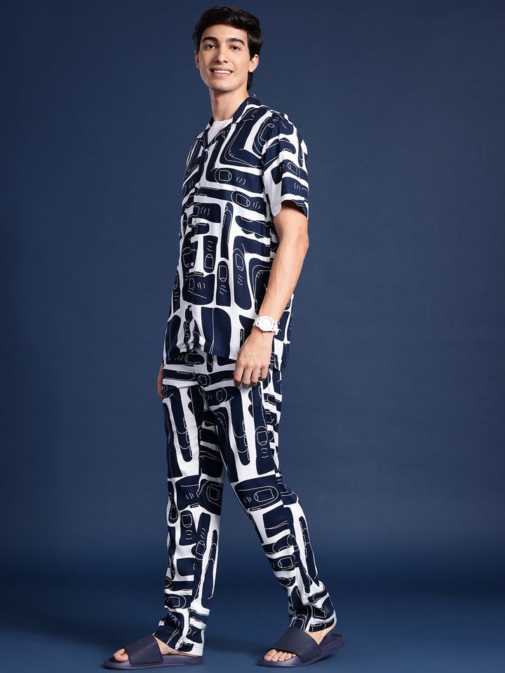 Men Navy Blue & White Printed Viscose rayon Regular Fit Casual Co &Ord Sets