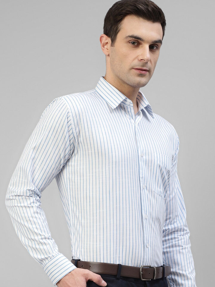 Men White & Blue Striped Linen Slim Fit Formal Shirt