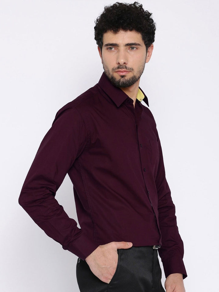 Men Burgundy Solid Pure Cotton Regular Fit Formal Shirt