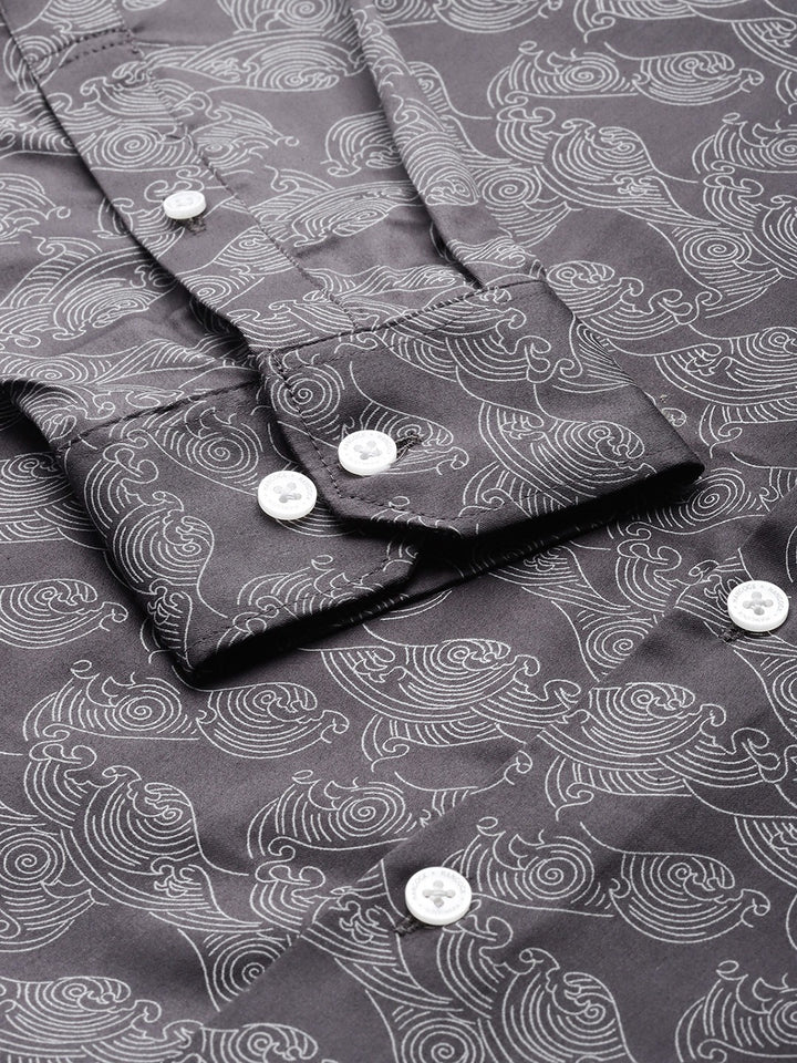 Men Dark Grey Printed Cotton Satin Slim Fit Formal Shirt