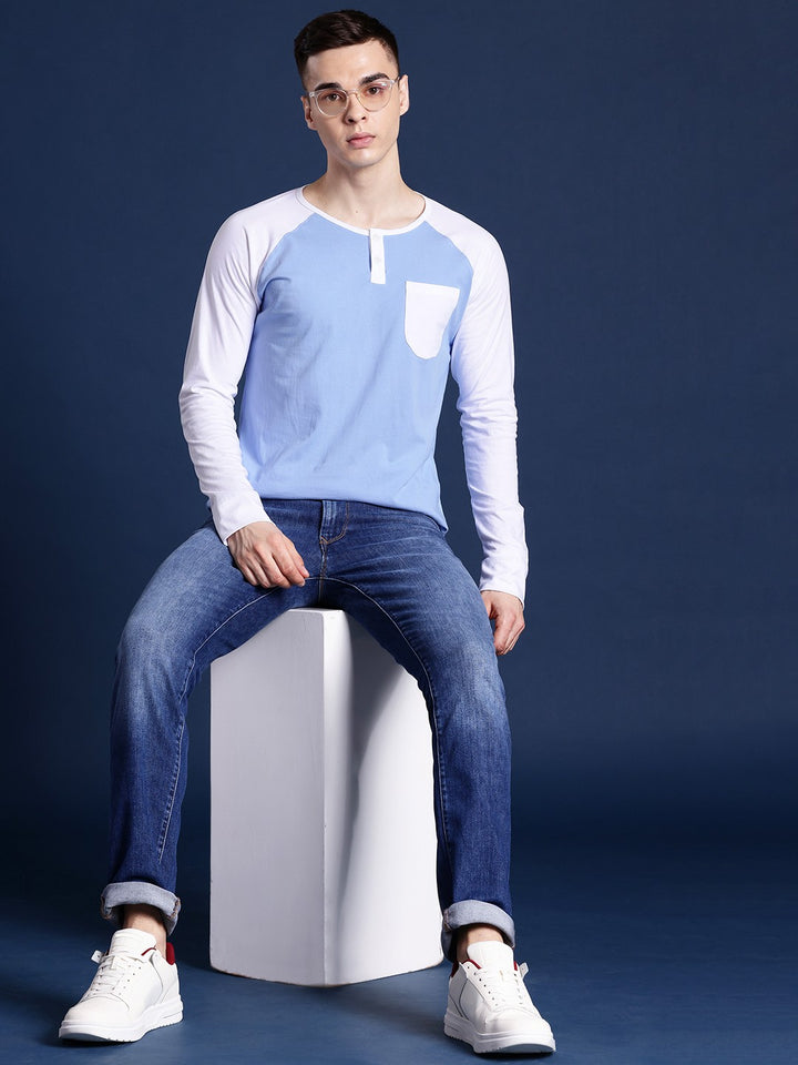 Men Blue & White Solid Pure Cotton Slim Fit Henley T-Shirt