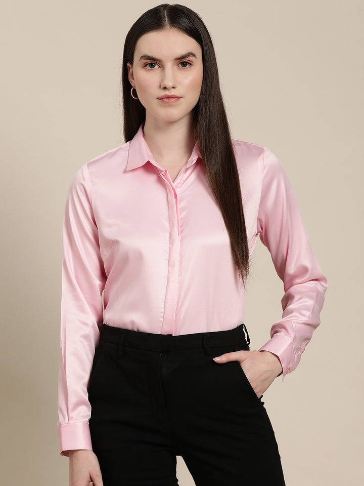 Women Pink Solid Satin Formal Shirt