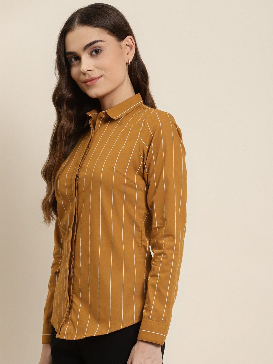 Women Mustard Stripes Pure Cotton Plus Size Formal Shirt