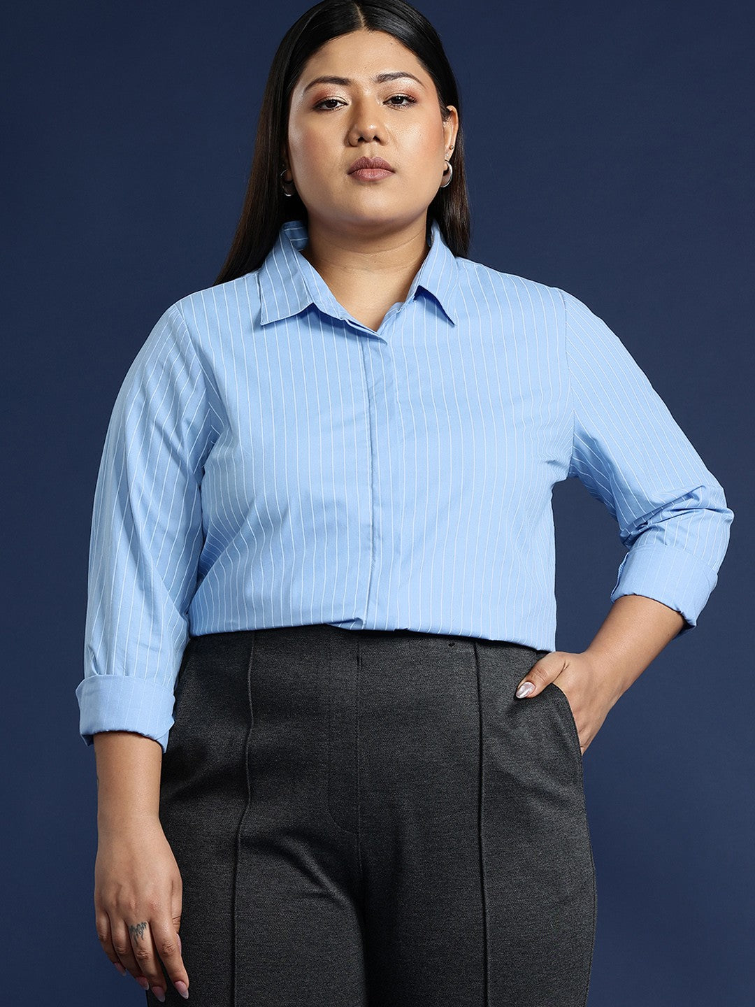 Women Blue Nautical Stripes Pure Cotton Plus Size Formal Shirt