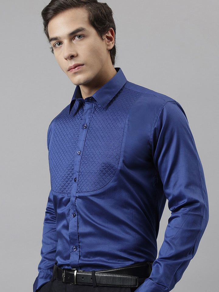 Men Navy Solid Cotton Satin Slim Fit Formal Shirt