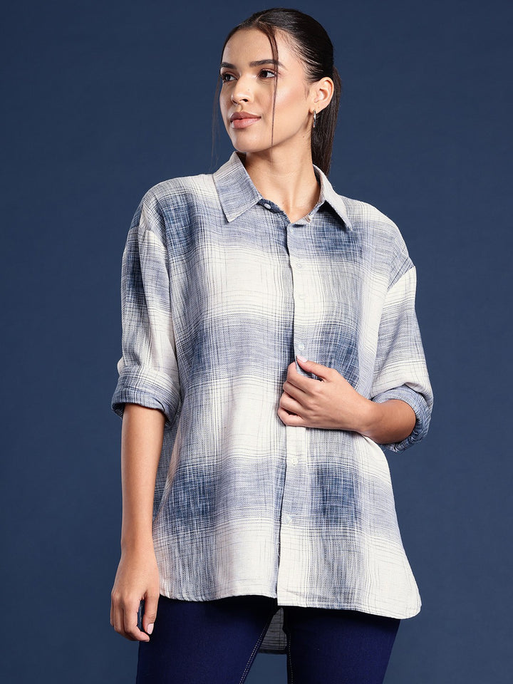 Women Beige Checks Pure Cotton Oversized Fit Formal Shirt