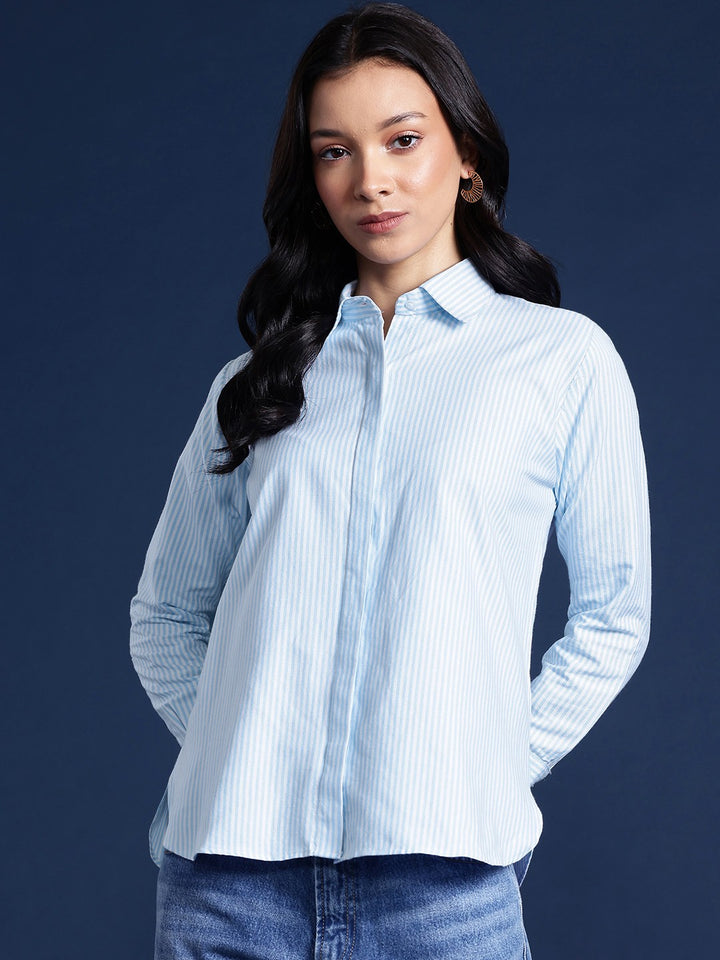 Women White & Blue Stripes Pure Cotton Boyfriend Fit Formal Shirt