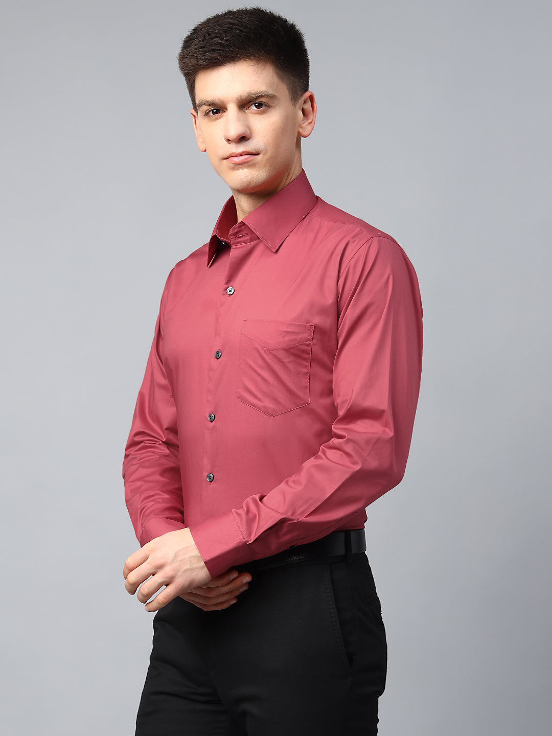 Men Raspberry Red Solid Pure Cotton Slim Fit Formal Shirt