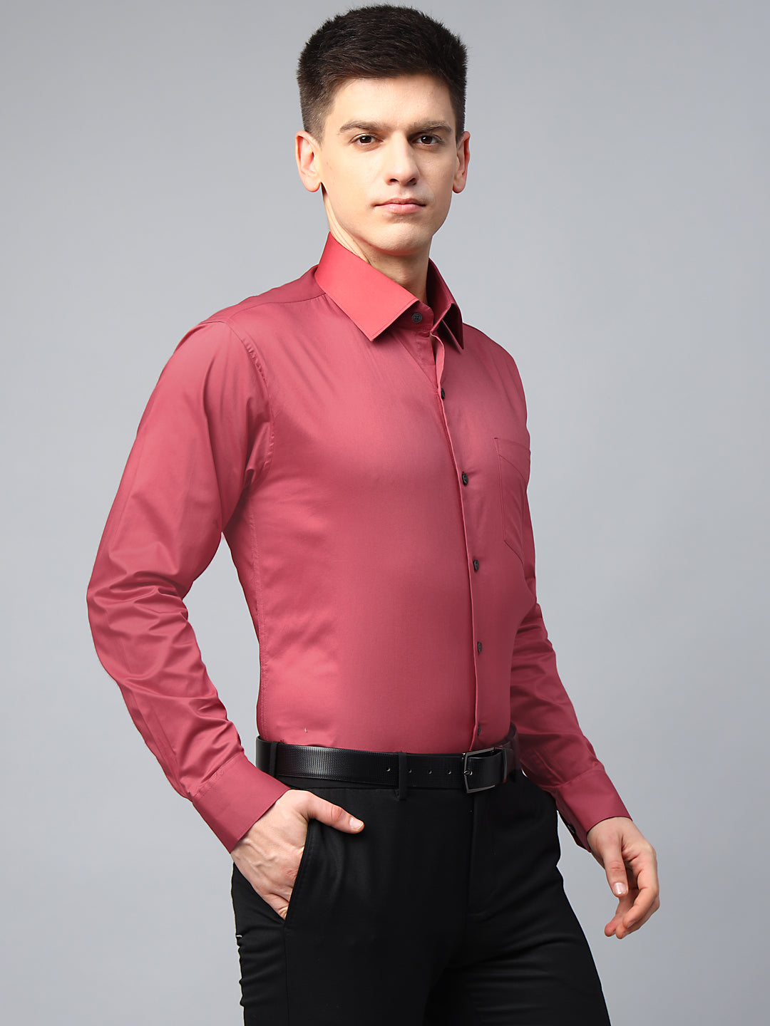 Men Raspberry Red Solid Pure Cotton Slim Fit Formal Shirt