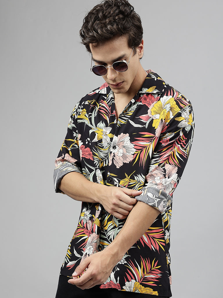 Men Black Yellow Floral Printed Viscose Rayon Relaxed Fit Casual Res