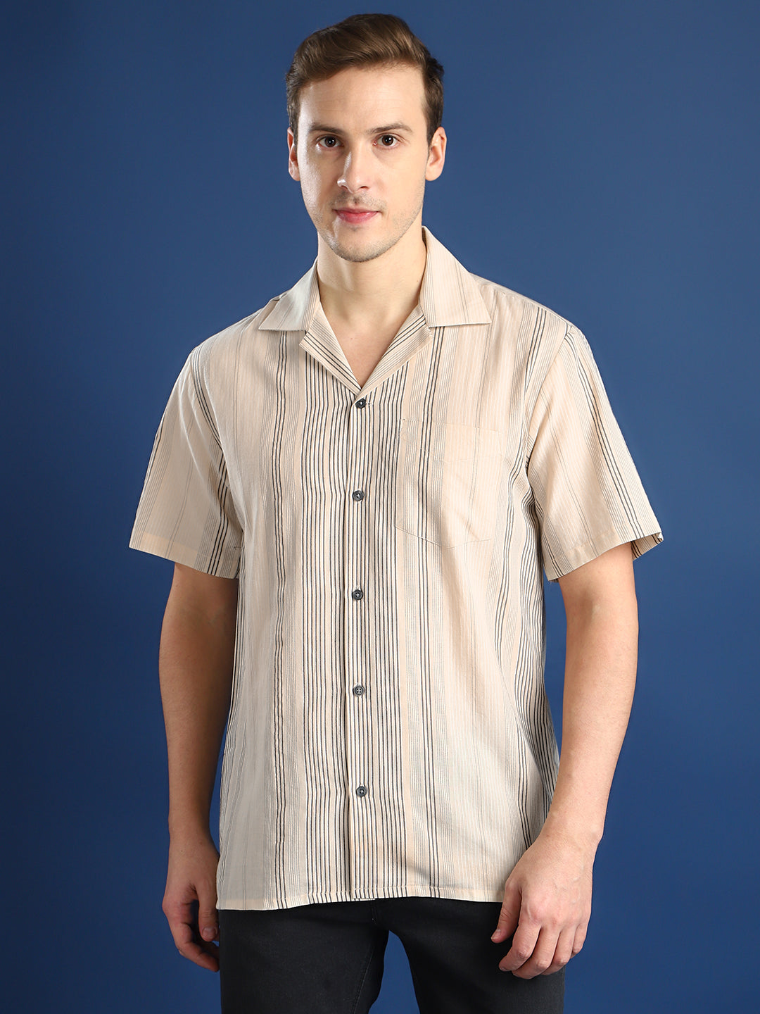 Men Beige Striped Cotton Relaxed Fit Casual Resort Shirt