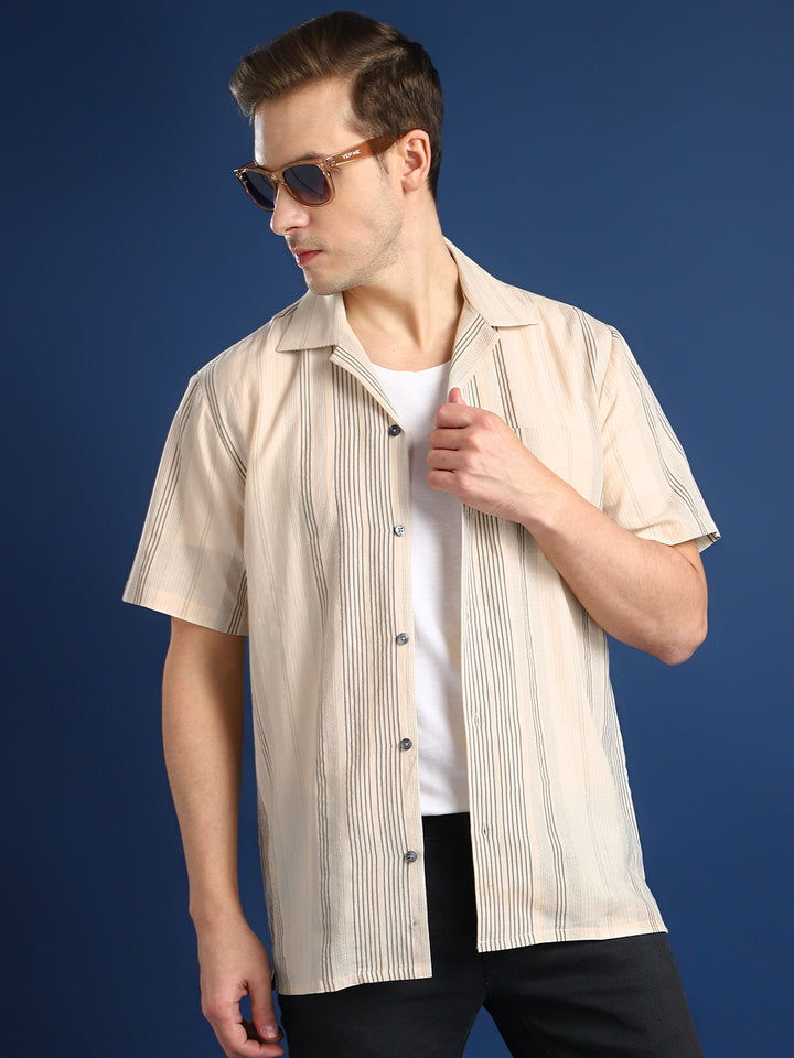 Men Beige Striped Cotton Relaxed Fit Casual Resort Shirt