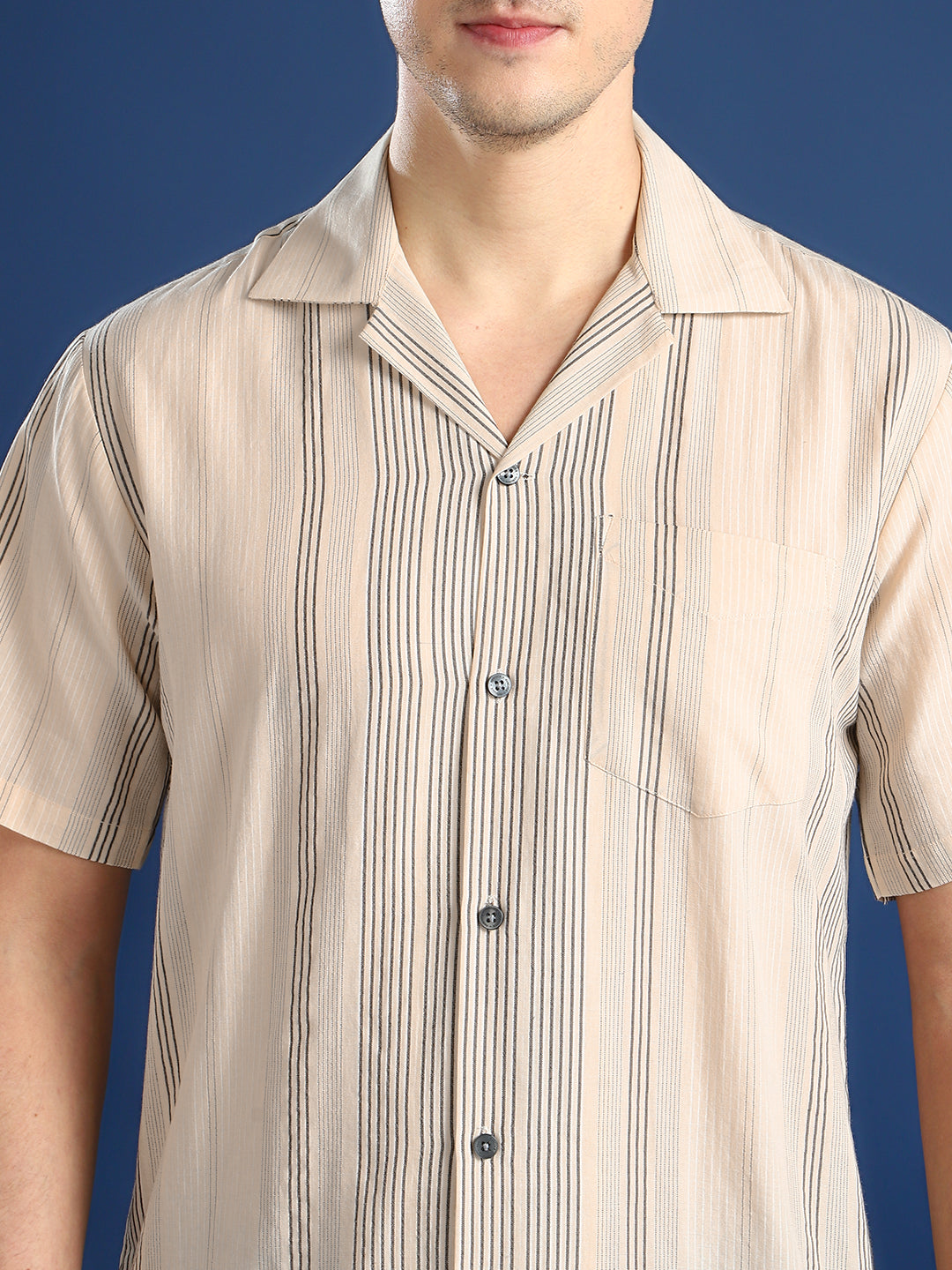 Men Beige Striped Cotton Relaxed Fit Casual Resort Shirt