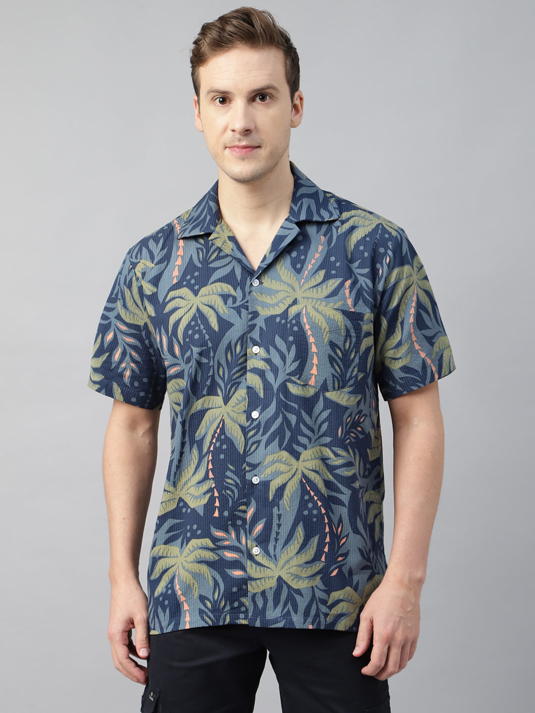 Men Navy Blue & Green Printed Cotton Relaxed Fit Resort Shirt