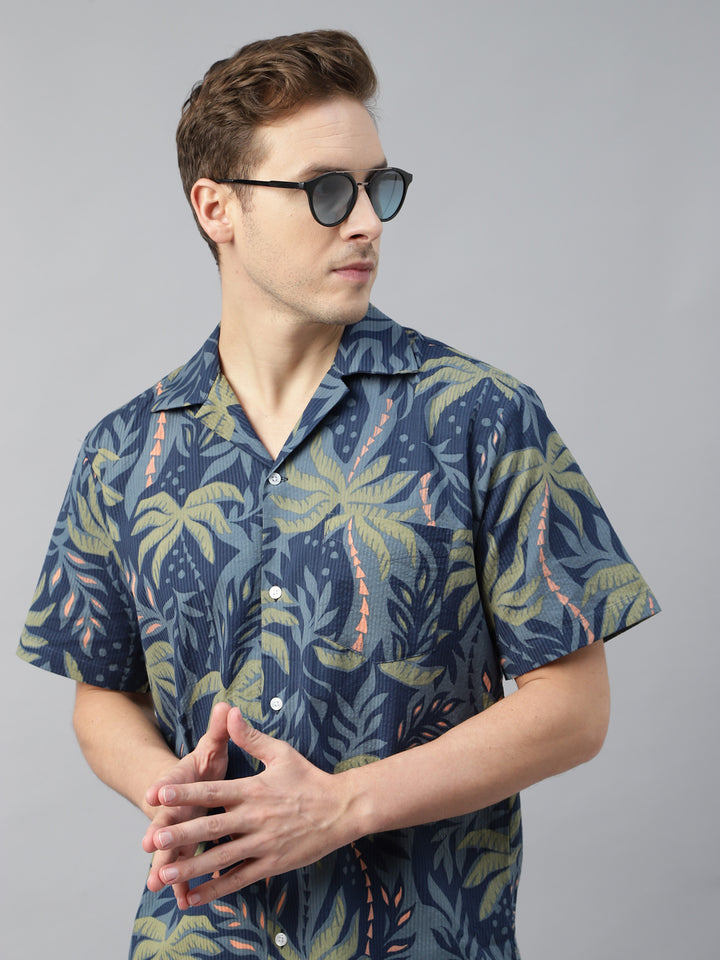 Men Navy Blue & Green Printed Cotton Relaxed Fit Resort Shirt