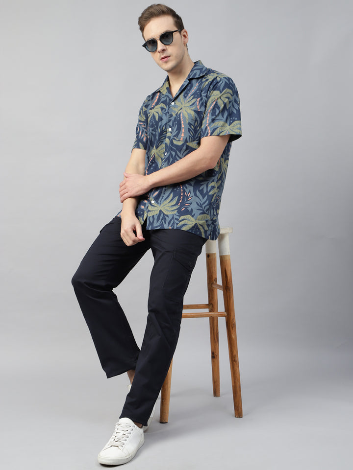 Men Navy Blue & Green Printed Cotton Relaxed Fit Resort Shirt