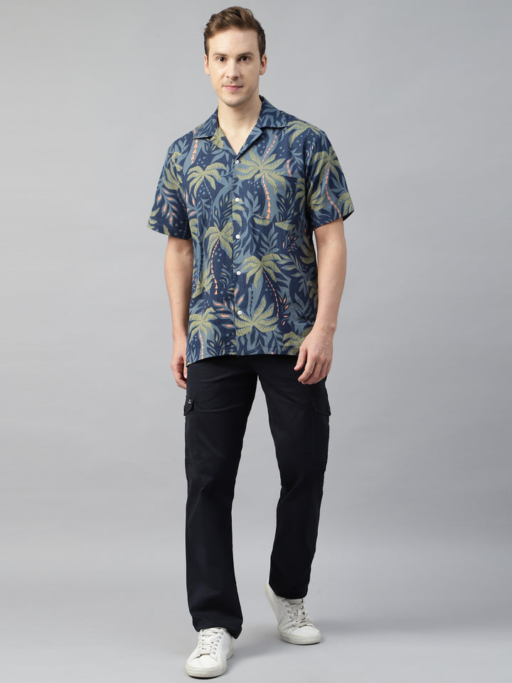 Men Navy Blue & Green Printed Cotton Relaxed Fit Resort Shirt