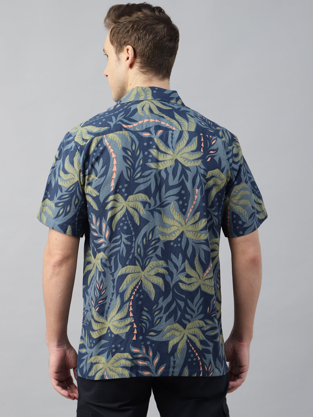 Men Navy Blue & Green Printed Cotton Relaxed Fit Resort Shirt